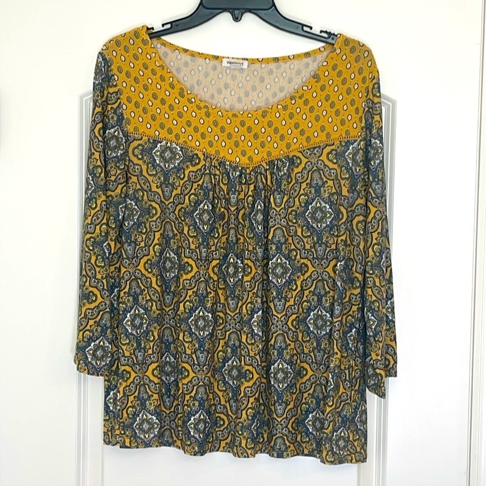 Westport Yellow Paisley Short Sleeve Shirt Size L